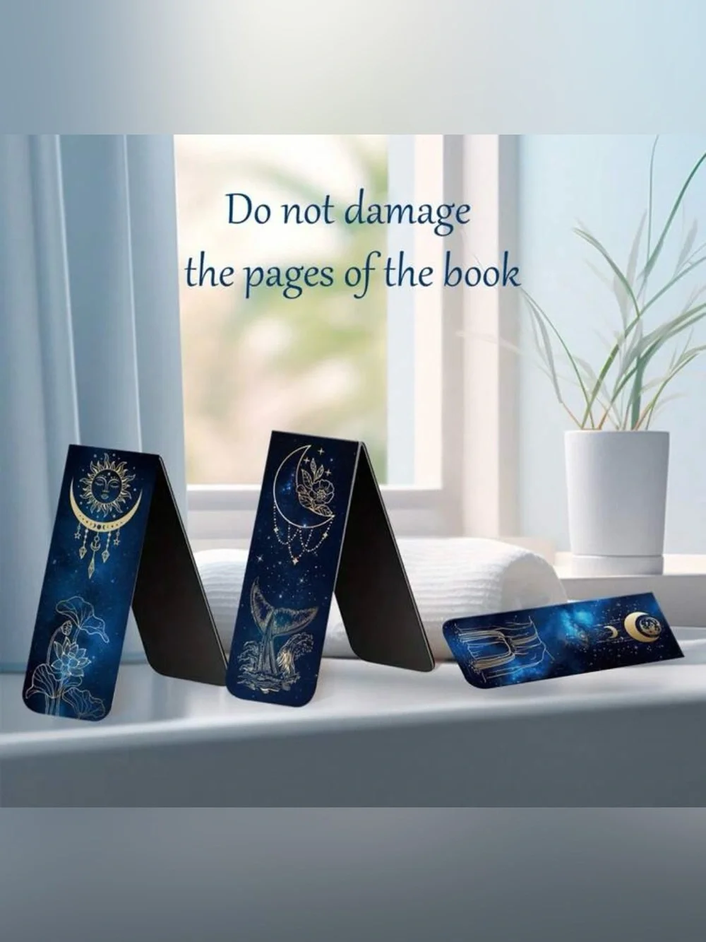 12 Mystic Night Sky Magnetic Bookmarks – Blue & Gold Celestial Moon Stars